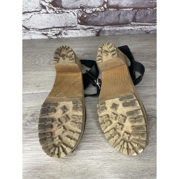 Swedish Hasbeens Black Leather Wooden Heel Peep Toe Ankle Strap Sandals Women 38 - Picture 10 of 16